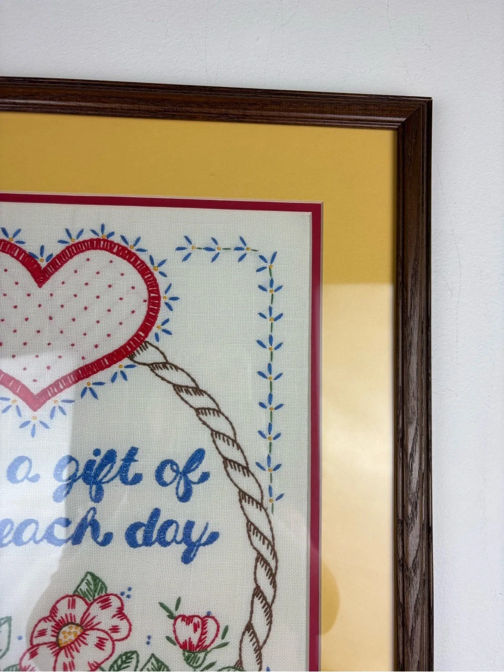 Vintage Hand-Embroidered Flower Basket”Give a Gift of Love Each Day”Frame/Matted